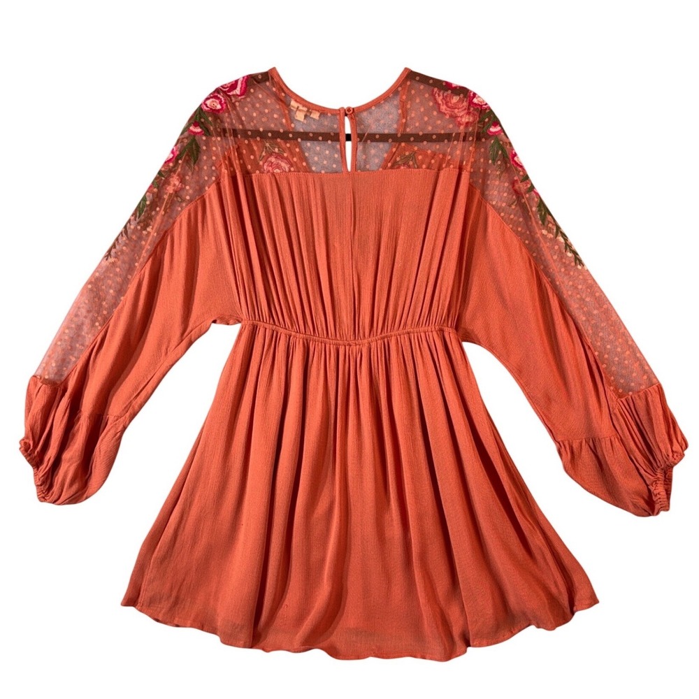 Umgee Coral Embroidered Mesh Sleeve Boho Babydoll Tunic Top Size Large - Picture 3 of 11